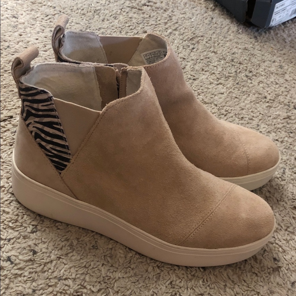 Toms Taupe Suede Wedge Ankle Booties with Zebra Heel Panel